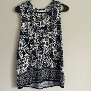 Rafaella Navy Blue and White Tropical Floral Print Split V Neck Sleeveless Top